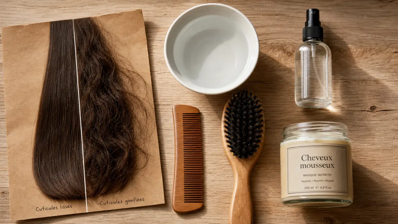 Cheveux mousseux remède naturel : bol, peigne et spray anti-frisottis
