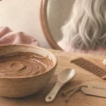 Coloration végétale cheveux blancs : bol de pâte végétale et peigne