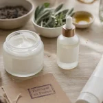Cosmétiques France : crème et sérum naturels sur table en bois