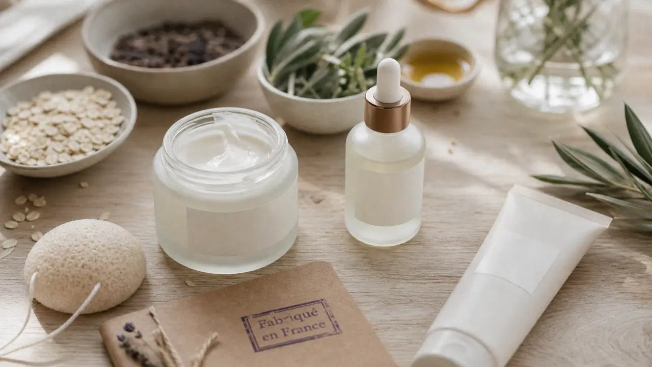 Cosmétiques France : crème et sérum naturels sur table en bois