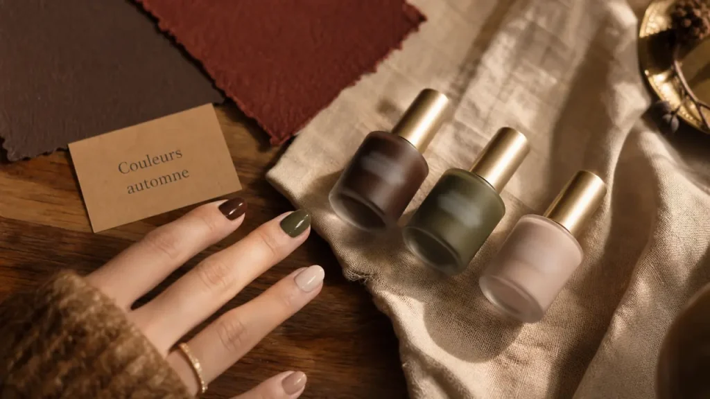 Couleur ongles automne 2025 : brun cacao, rouge-brun, vert olive et Jelly