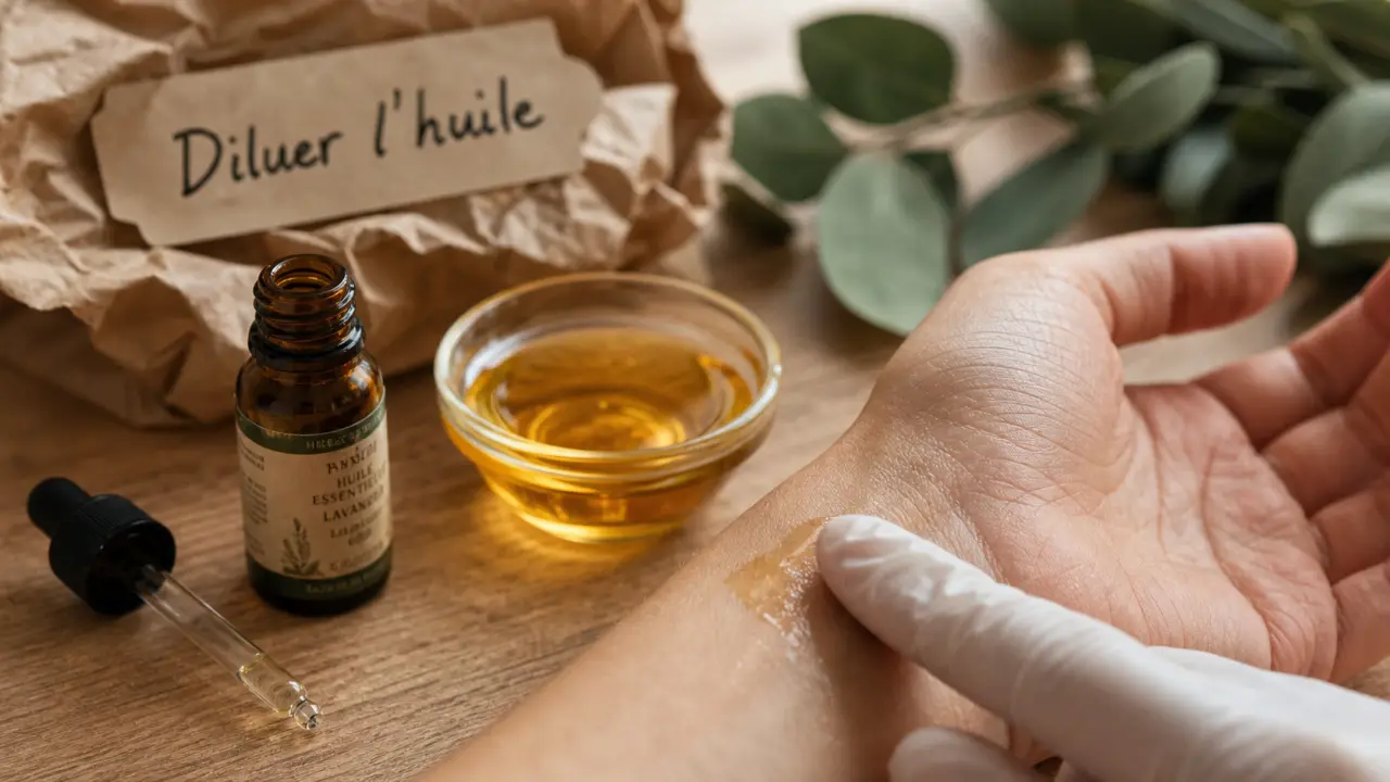 dilution huile essentielle : mélange avec pipette et huile végétale