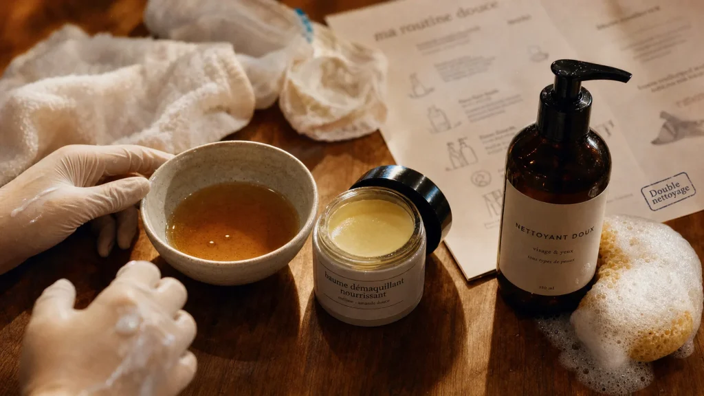 Double nettoyage visage : huile démaquillante puis nettoyant aqueux