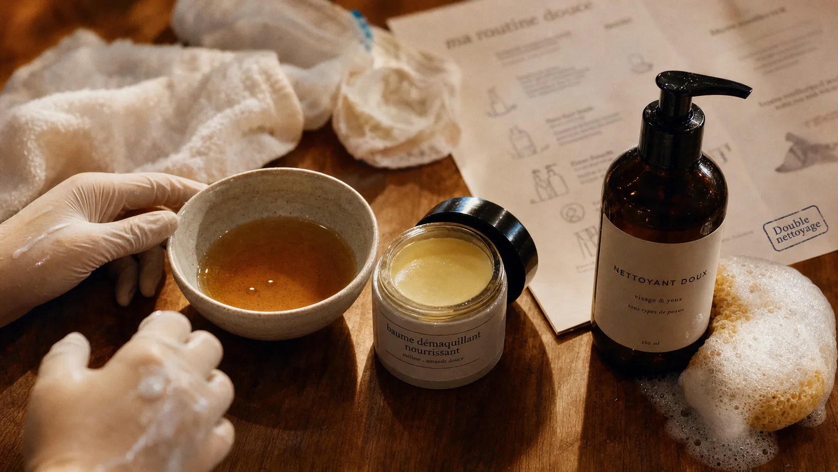 Double nettoyage visage : huile démaquillante puis nettoyant aqueux