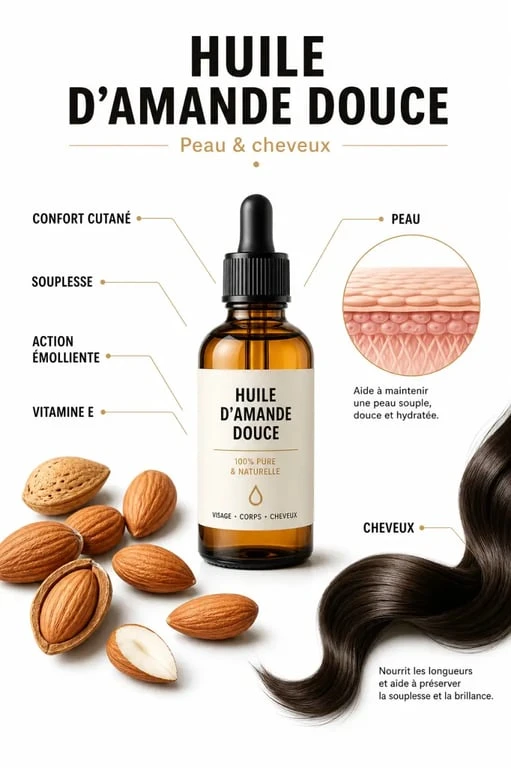 Infographie sur les bienfaits de l’huile d’amande douce pour la peau et les cheveux