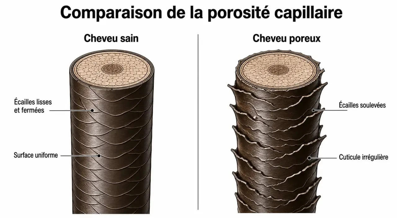 Schéma comparatif de la porosité du cheveu : cheveu sain vs cheveu mousseux