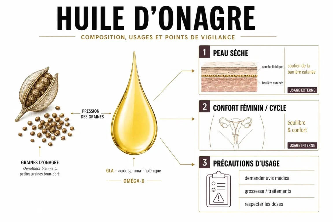 Illustration des huile d’onagre bienfaits : composition, usages pour la peau et le confort féminin