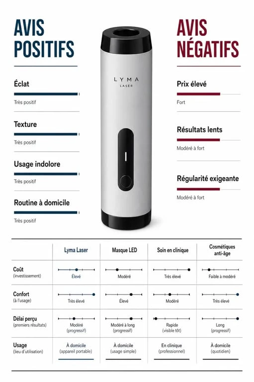 Lyma Laser avis : synthèse visuelle des retours positifs, négatifs et des alternatives