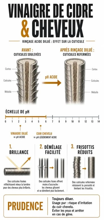 Infographie sur le vinaigre de cidre et cheveux : pH acide, cuticules, brillance et précautions