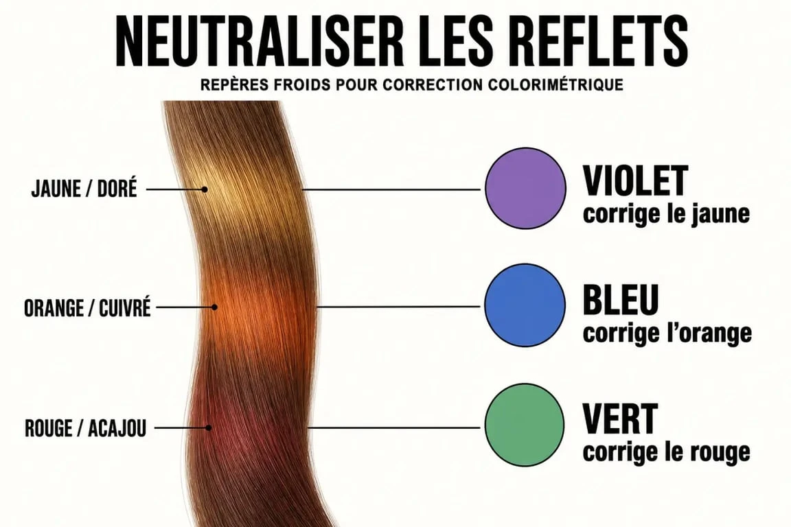 Neutraliser reflet roux naturellement : schéma des reflets chauds et des corrections froides