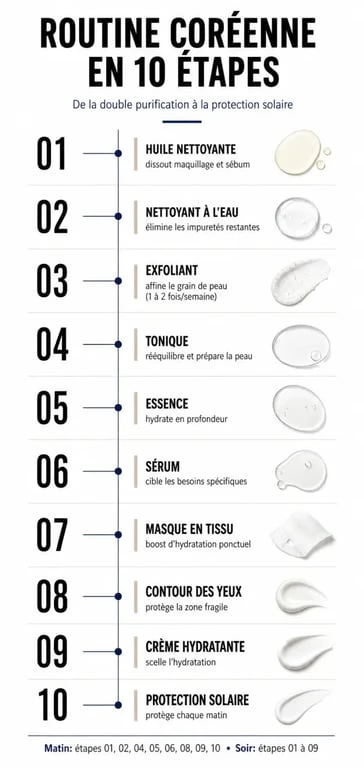Infographie des 10 étapes de la routine coréenne pour une peau éclatante