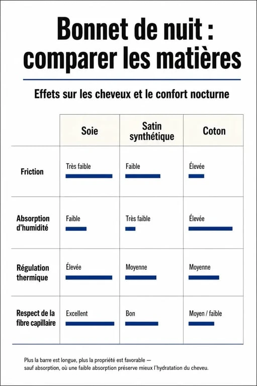 Comparatif des matériaux pour bonnet de nuit en soie, satin et coton pour protéger les cheveux