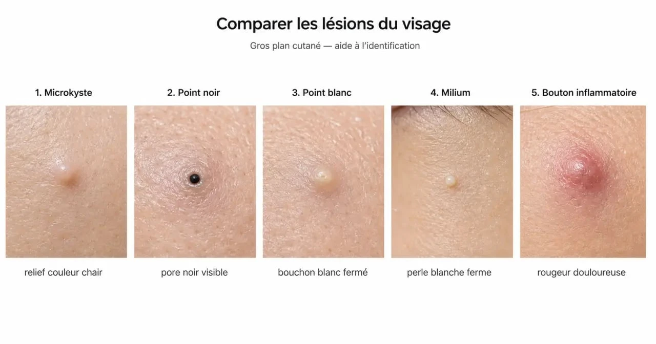 Microkyste visage photo : comparaison visuelle entre microkyste, point noir, point blanc, milium et bouton inflammatoire