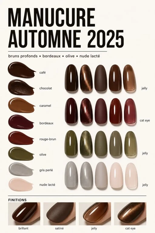 Couleur ongles automne 2025 : palette de vernis brun, bordeaux, vert olive et nude en composition éditoriale