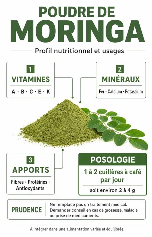 Poudre de moringa bienfait : infographie nutritionnelle sur les vitamines, minéraux, fibres et précautions