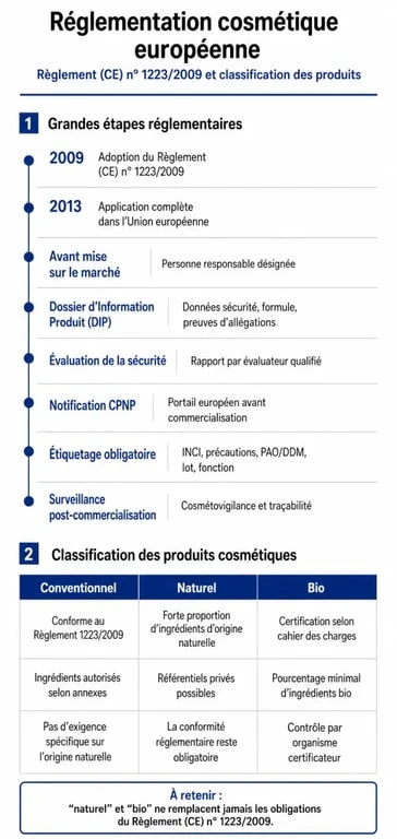 Infographie explicative sur la réglementation et les catégories de produits cosmétiques