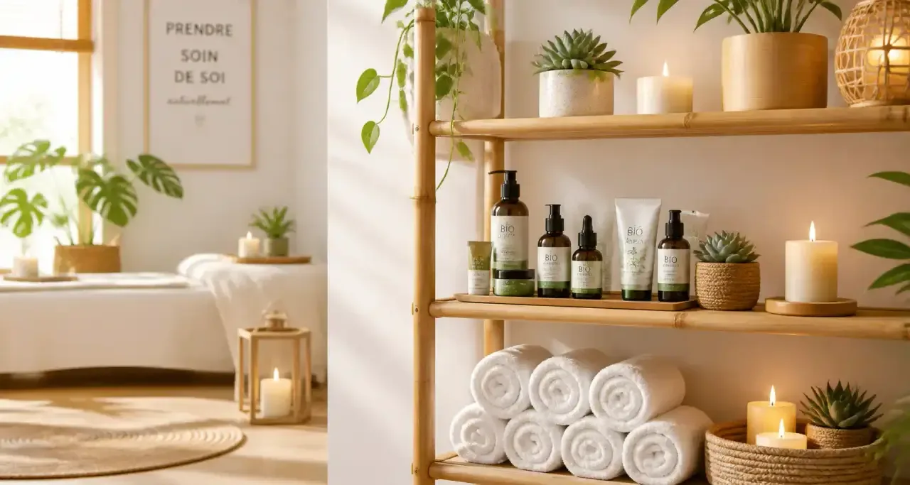 Espace bien-être minimaliste en bambou dédié aux soins bio