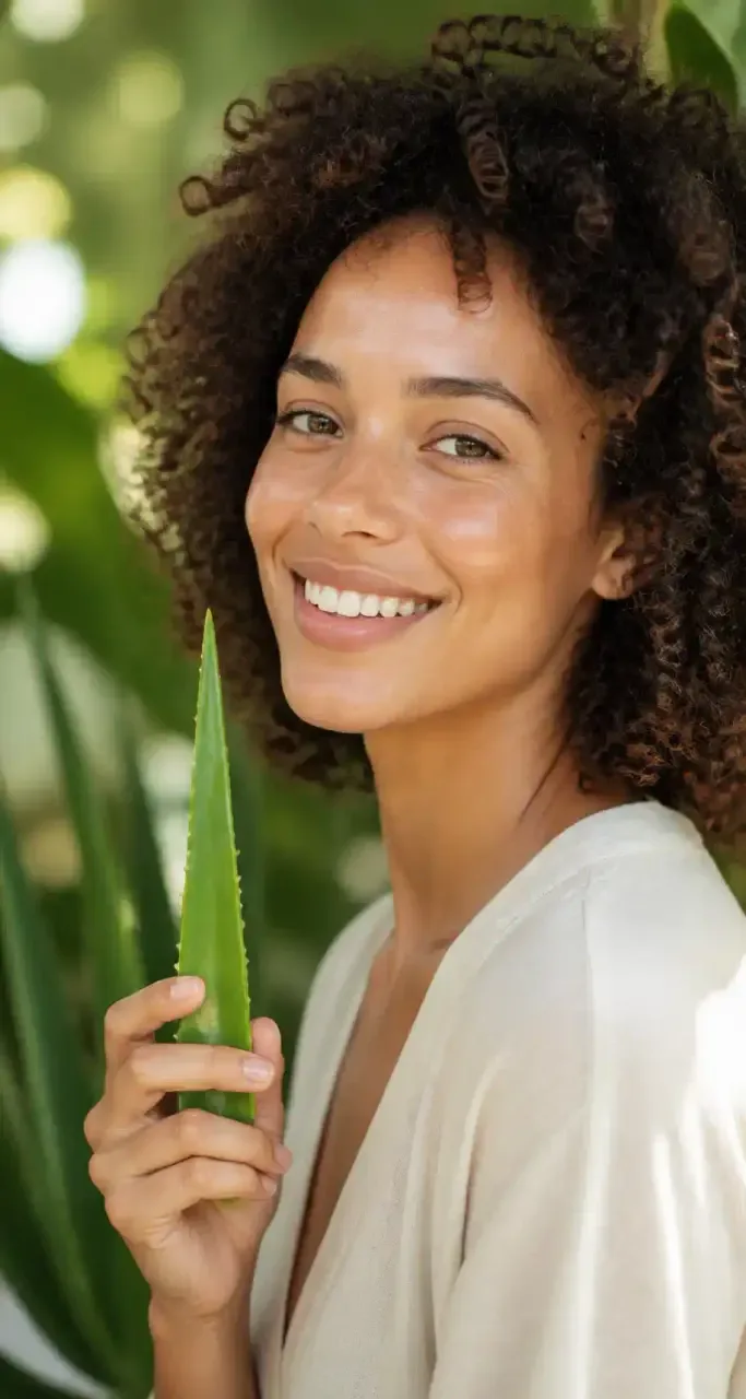 Femme à la peau naturellement éclatante tenant une feuille d'aloe vera