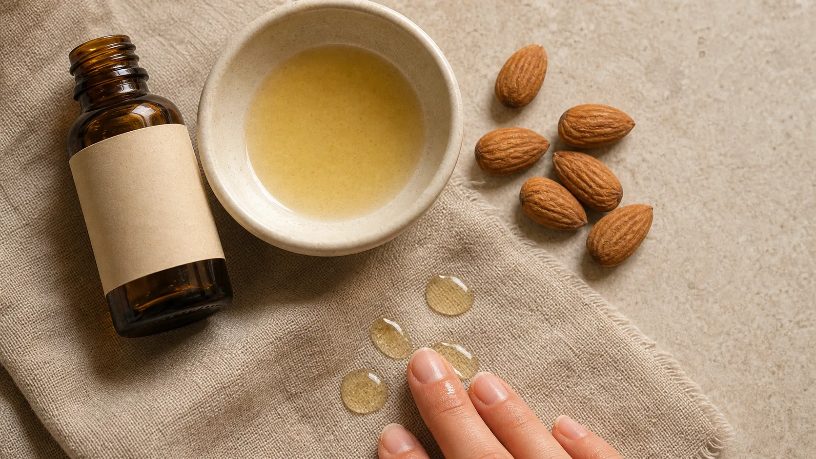 Huile d'amande douce bienfaits : huile, amandes et peau souple