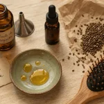 Huile de roquette pour cheveux : bouteille et graines de roquette