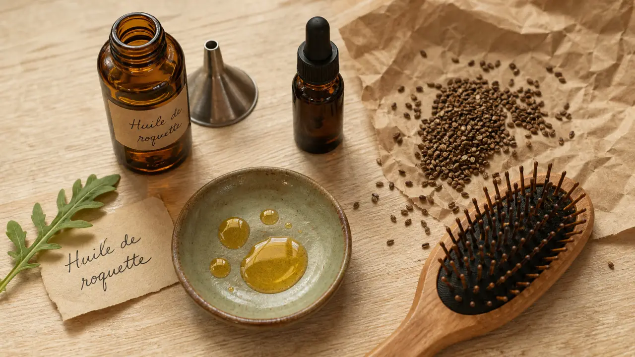 Huile de roquette pour cheveux : bouteille et graines de roquette