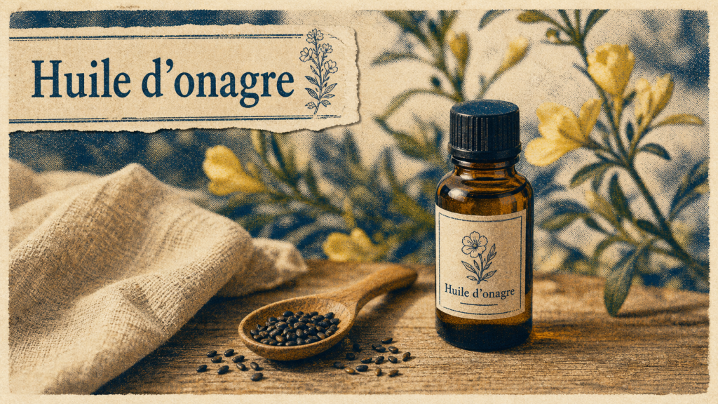 Huile d’onagre bienfaits, flacon et graines sur table