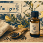 Huile d’onagre bienfaits, flacon et graines sur table