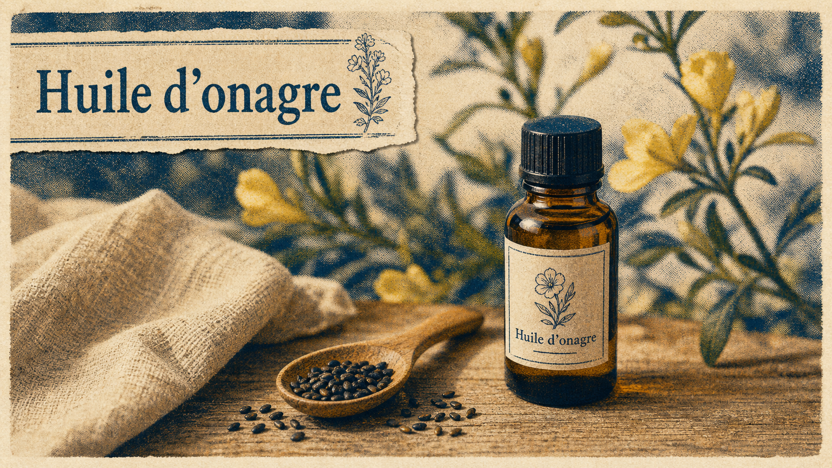 Huile d’onagre bienfaits, flacon et graines sur table