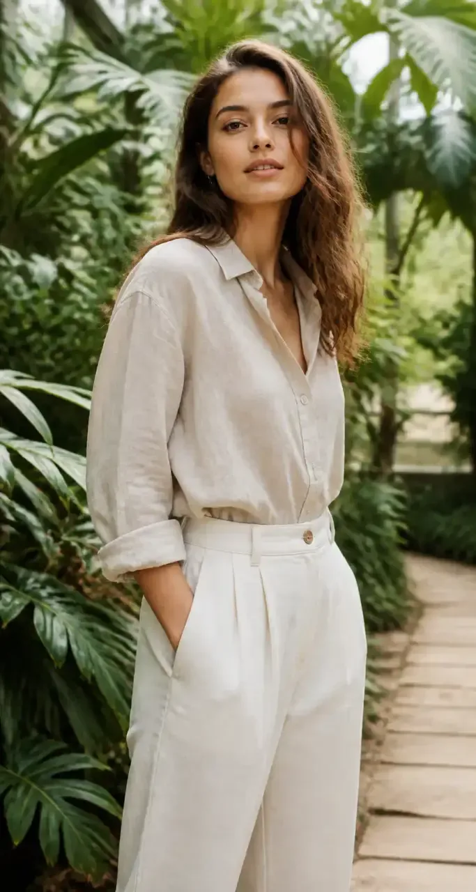 Tenue en lin naturel dans un jardin, mode féminine écoresponsable