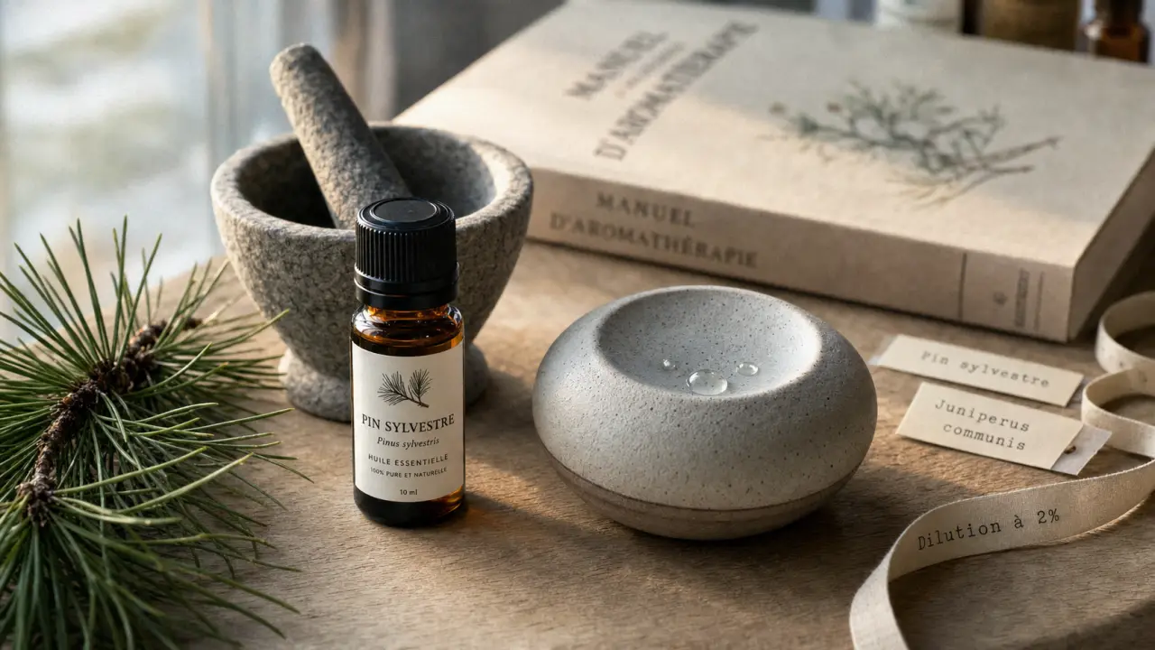 Pin sylvestre huile essentielle bienfaits : bouteille ambrée et diffuseur pour respiration et tonus