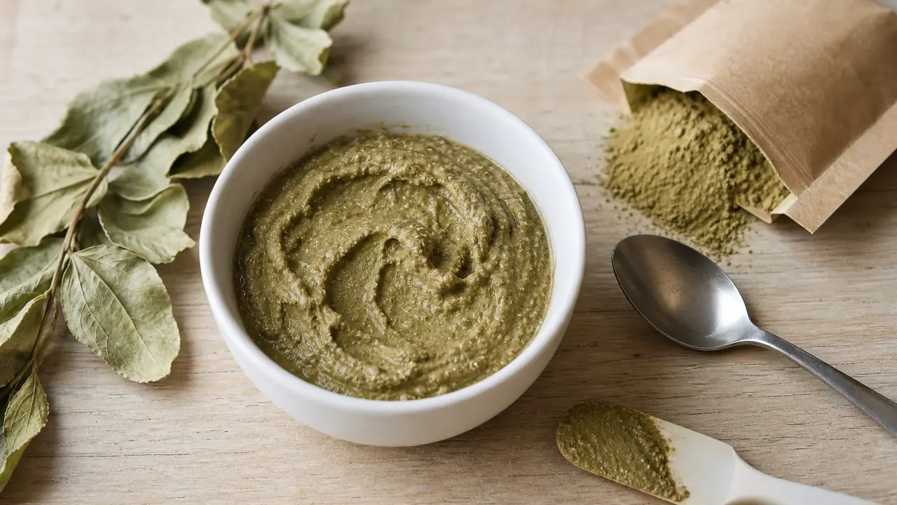 Poudre de sidr pousse cheveux : pâte verte dans un bol
