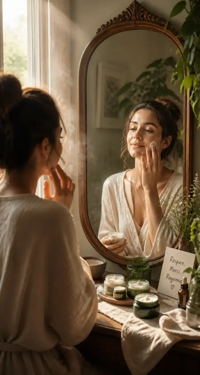 Rituel de soin du matin devant un miroir ancien