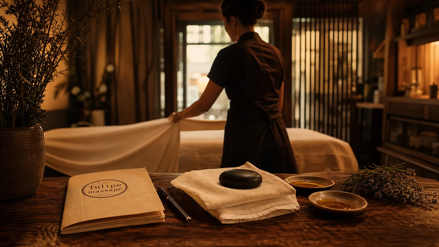 Tulipe massage à Paris : cabine de massage avec huiles et serviette