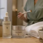 Caudalie soin visage : sérum et crème sur table de spa