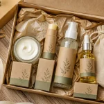 Coffret beauté bio ouvert, crème et baume sur table bois