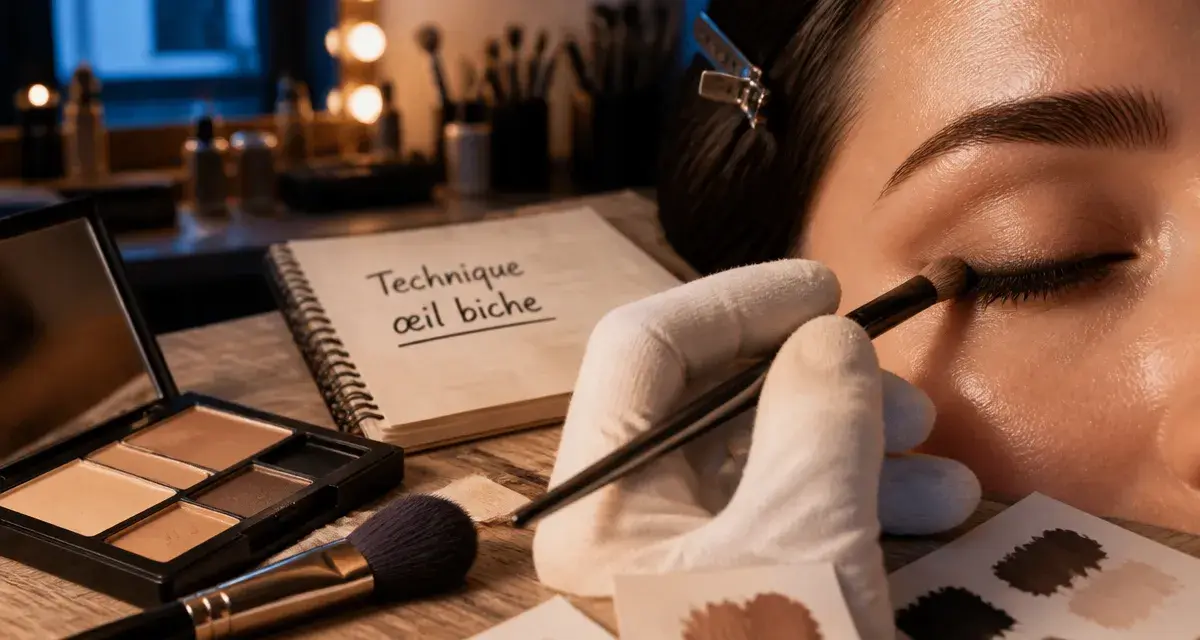 Démonstration maquillage yeux : technique œil biche, application ombre à paupières
