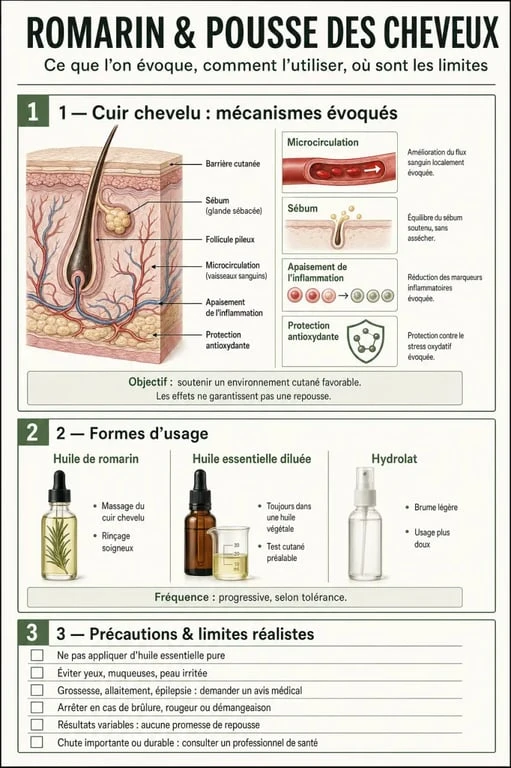 Infographie sur le romarin pousse cheveux : mécanismes, formes d’usage et précautions