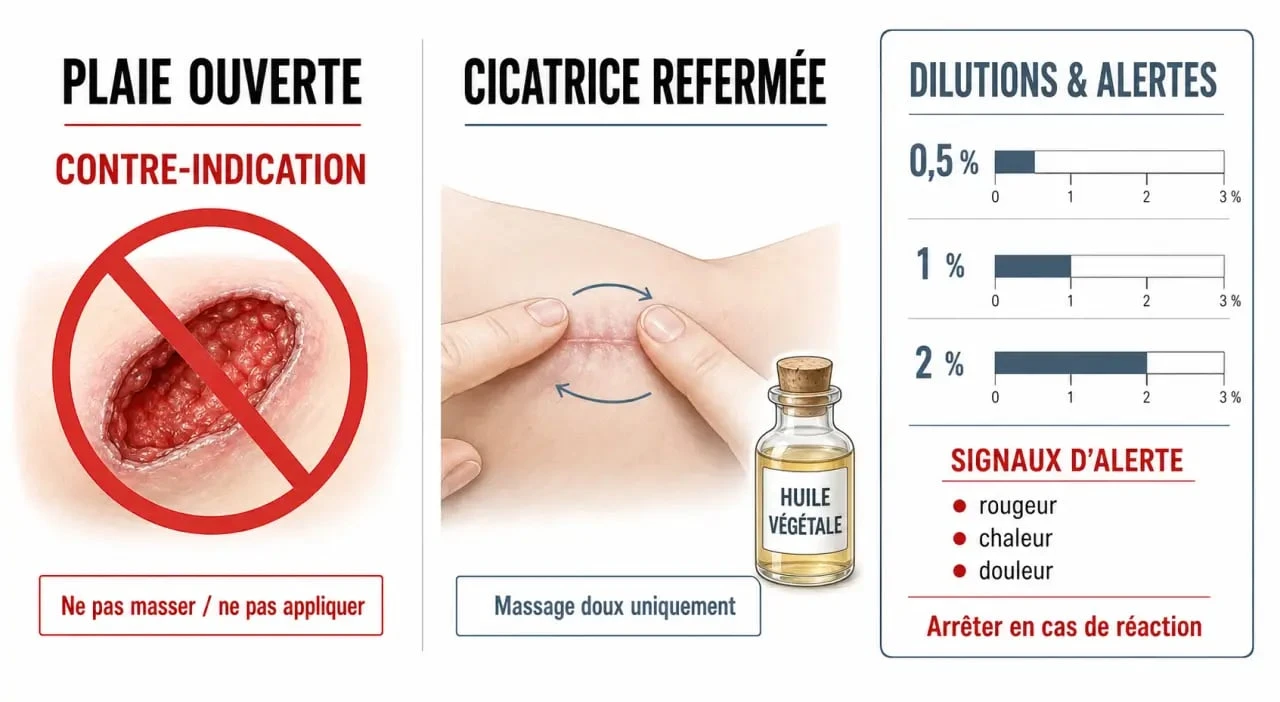 Huiles essentielles pour cicatrisation : schéma des dilutions et précautions d’usage