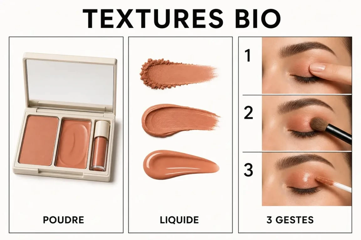 Palette maquillage bio : textures poudre, crème et liquide pour un maquillage naturel ou smoky