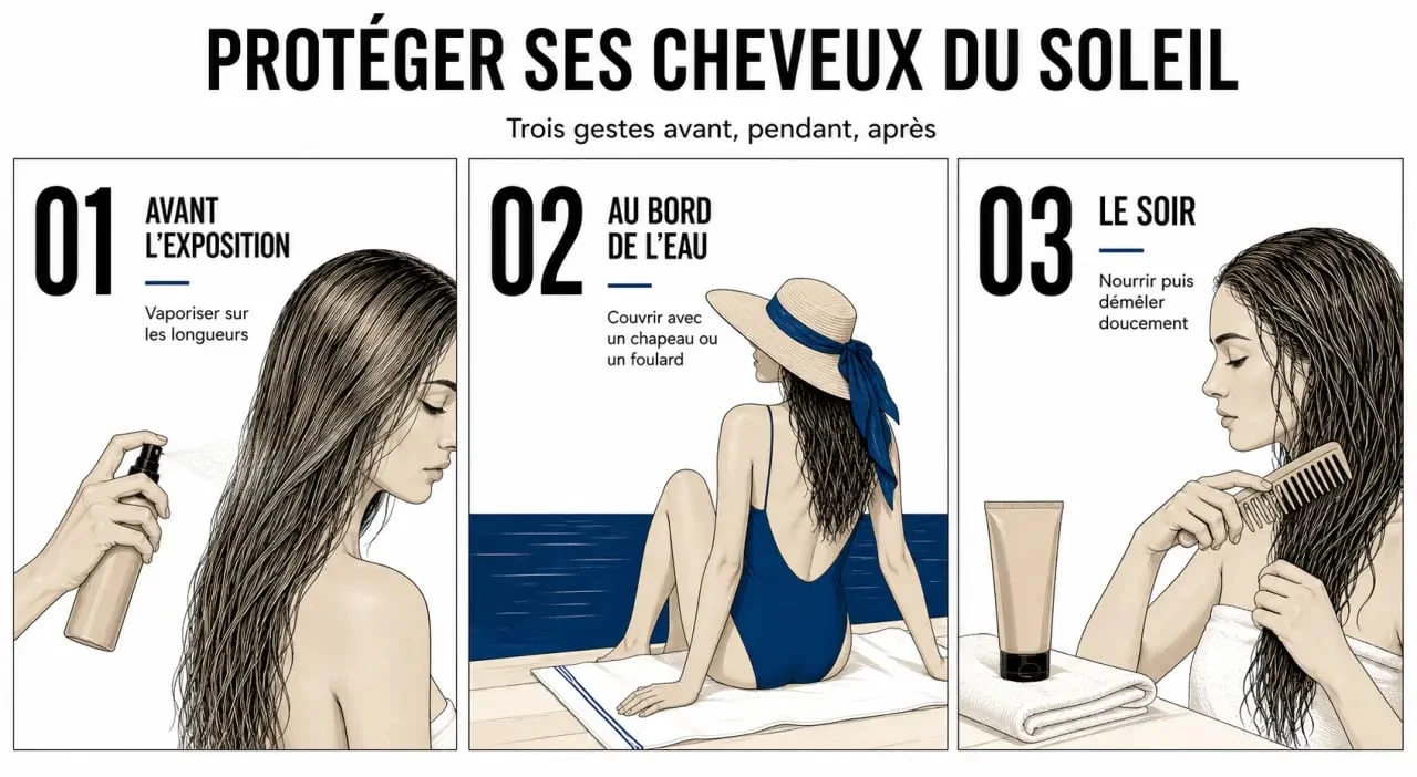 Protection solaire cheveux : illustration des gestes avant l’exposition, après la baignade et le soin du soir