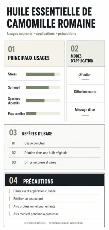Huiles essentielles camomille romaine : usages, synergies et précautions en un coup d’œil