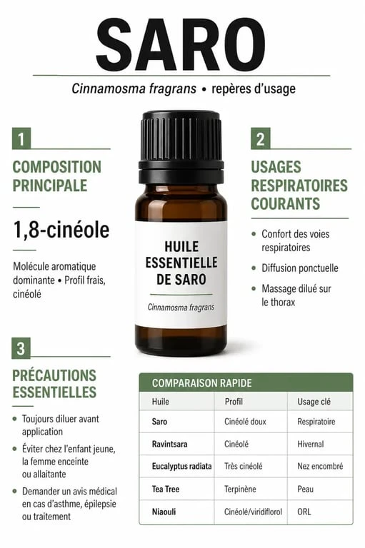 Infographie saro huiles essentielles : usages respiratoires, dosages et précautions