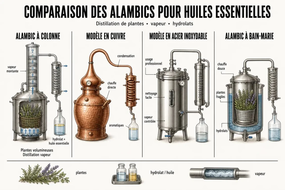 Alambic pour huiles essentielles : comparaison visuelle des types cuivre, inox, colonne et bain-marie