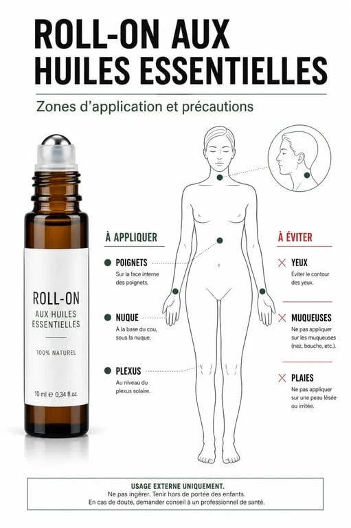Roll on huiles essentielles : schéma des zones d'application autorisées et des précautions d'usage