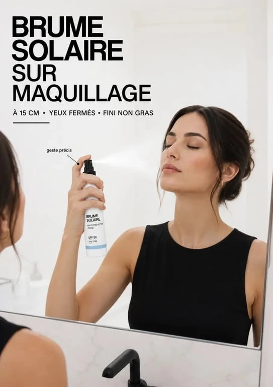 Application d’une brume protection solaire visage sur maquillage sans déplacer le teint ni laisser de film gras