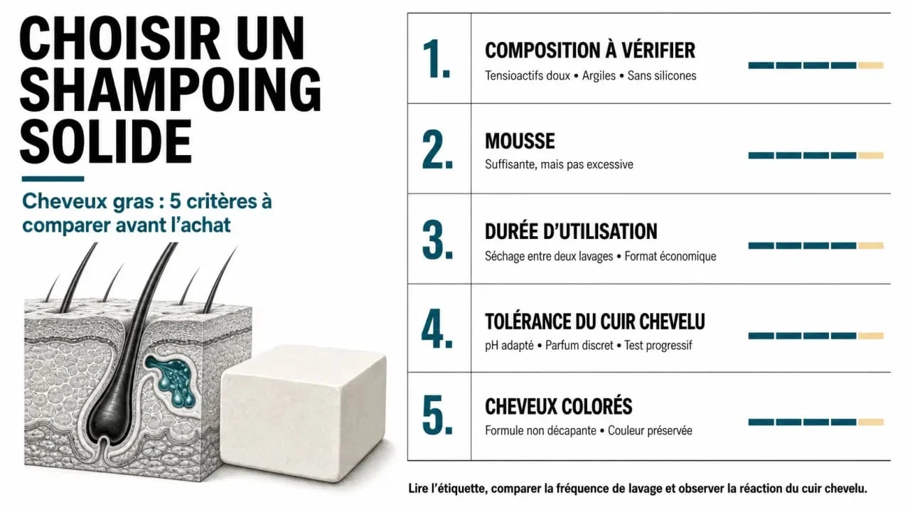 Shampoing solide cheveux gras : critères à vérifier avant achat, mousse, composition et compatibilité