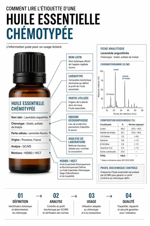 Chémotypées huiles essentielles : schéma pour lire l’étiquette d’une huile essentielle chémotypée et comprendre son chémotype