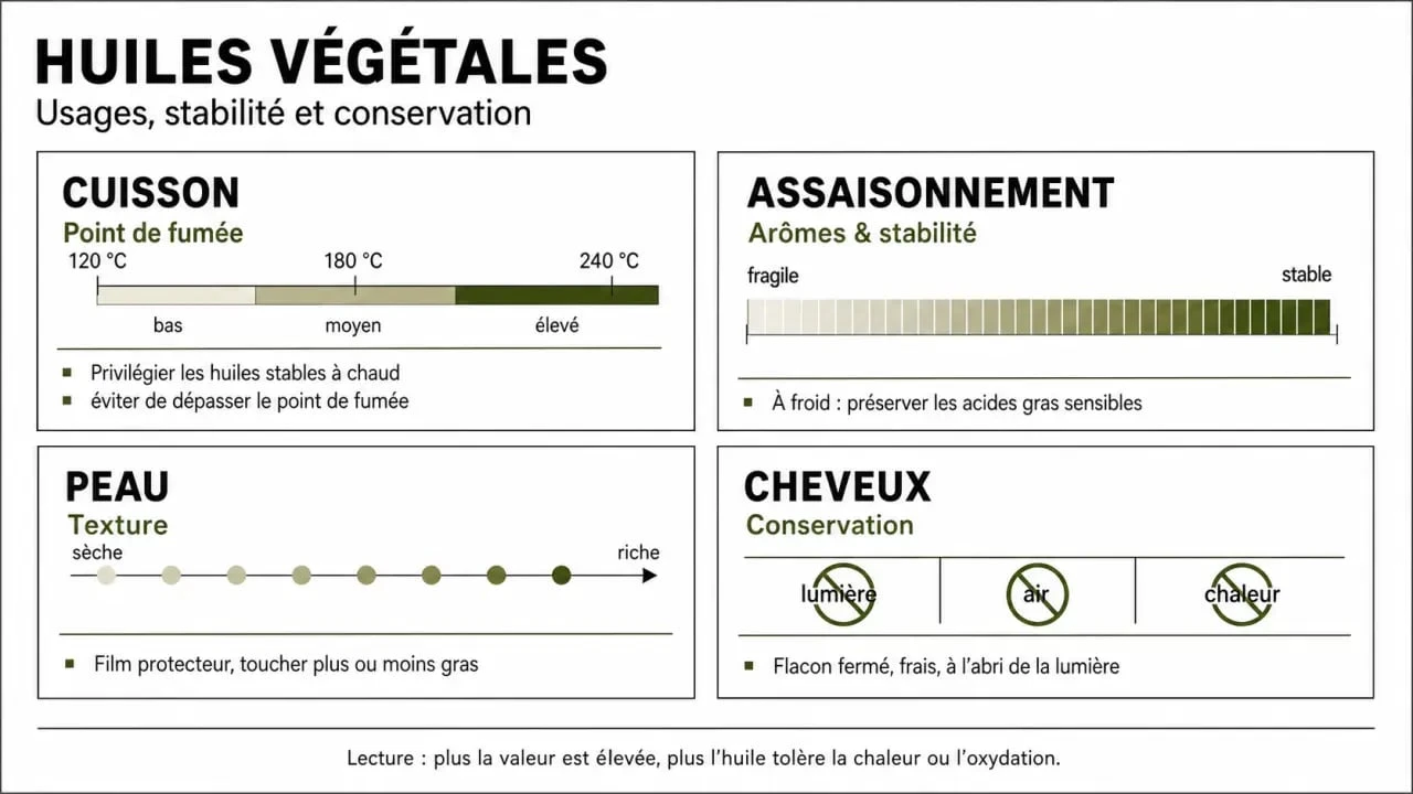 Huiles végétales : visualisation comparative des usages cuisine, assaisonnement, peau et cheveux