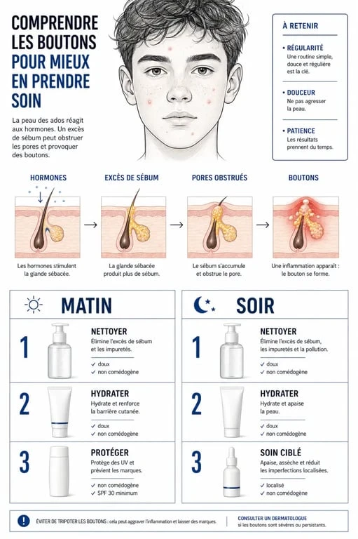 Soin visage ado : schéma éditorial d’une routine matin et soir avec nettoyage, hydratation et peau à imperfections