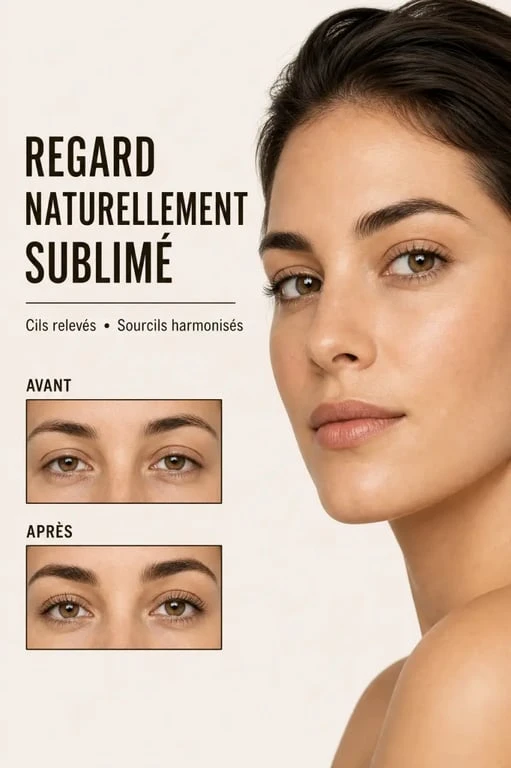 Regard naturel sur un visage féminin avec cils relevés et sourcils harmonisés
